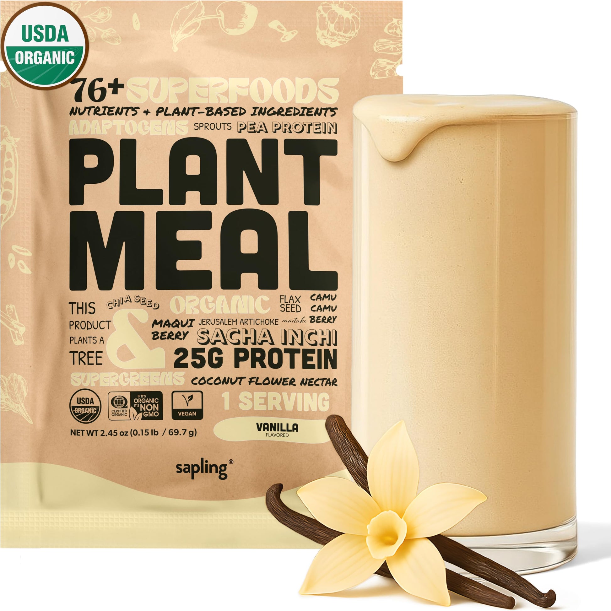Sapling Plant Meal Replacement Shake - Vanilla, 25g Vegan Protein, 76+ Organic Superfoods, 2.45 oz