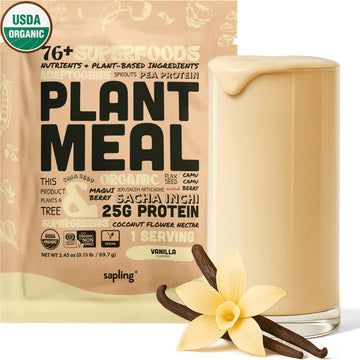 Sapling Plant Meal Replacement Shake - Vanilla, 25g Vegan Protein, 76+ Organic Superfoods, 2.45 oz