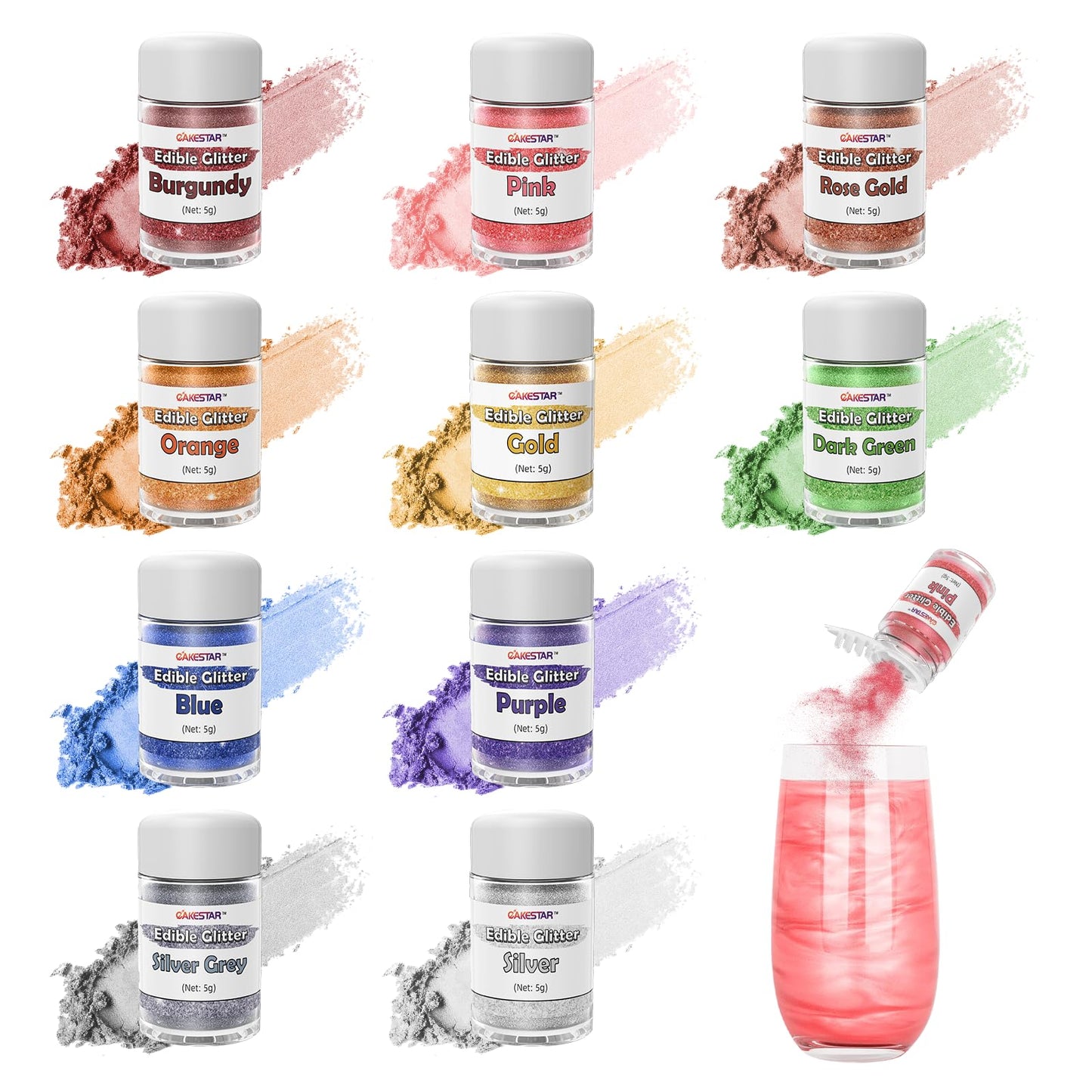 Cakestar Edible Glitter, 10 Colors Luster Dust Edible, Food Grade Shimmer Dust, Edible Glitter Powder for Drinks, Baking, Strawb