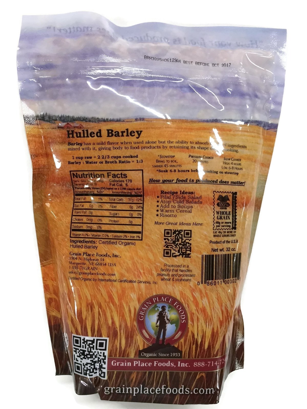 Grain Place Foods Organic Hulled Barley, Non-GMO, 2 lb Bag - Made in the USA, Healthy Whole Grain, Perfect for Cooking and Baking
