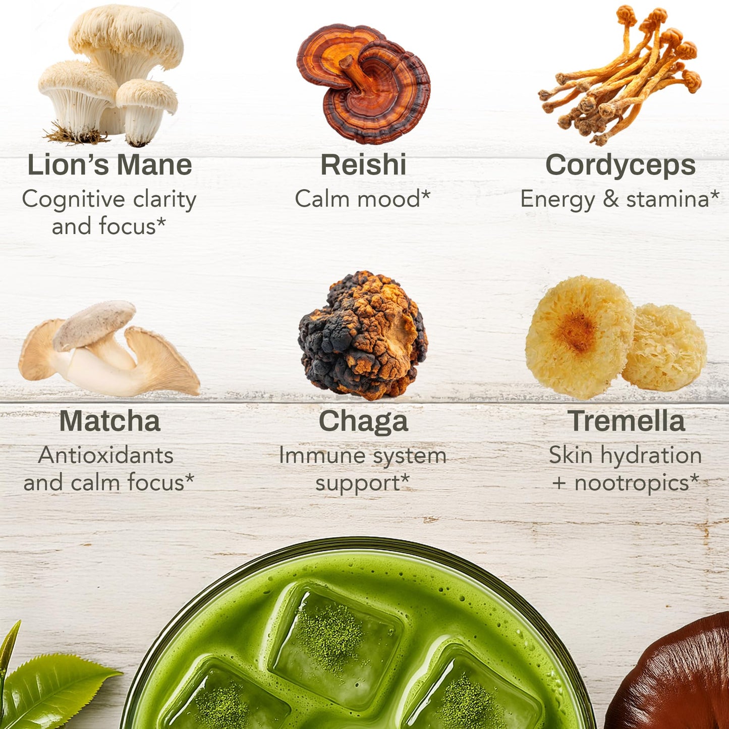 NACLEA Mushroom Matcha Powder - Sugar-Free Japanese Ceremonial Green Tea with 18 Superfood Mushrooms and Hydrolyzed Collagen - Coffee Alternative Caffeine Free - 30 Sachets