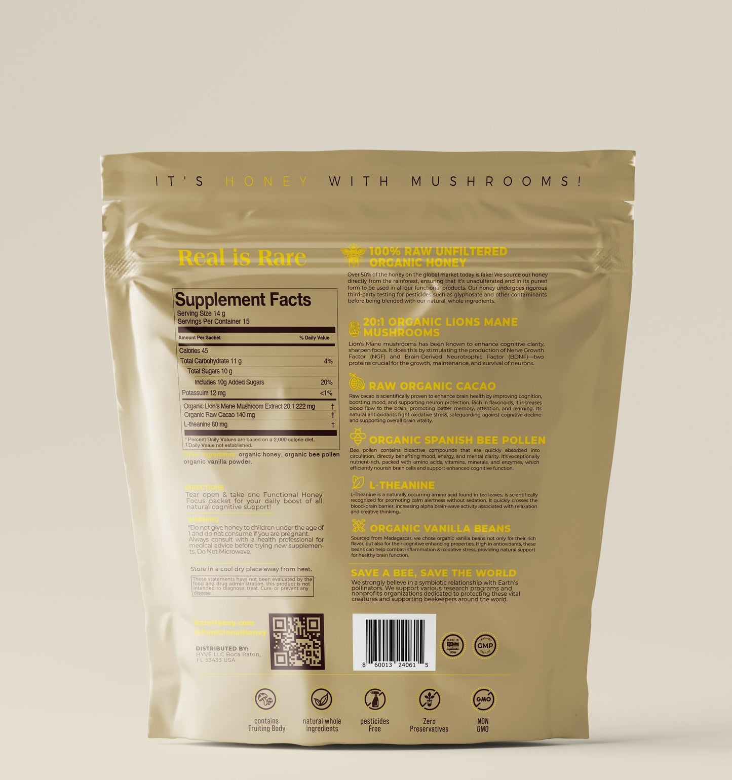 HYVE Mind Functional Honey - Focus & Memory Organic Honey with Lions Mane Mushrooms, Raw Cacao, Bee Pollen & L-Theanine - Cogni