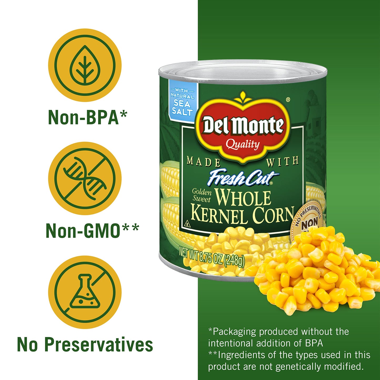 Del Monte Canned Fresh Cut Golden Sweet Whole Kernel Corn, 8.75-Ounce (Pack Of 12)
