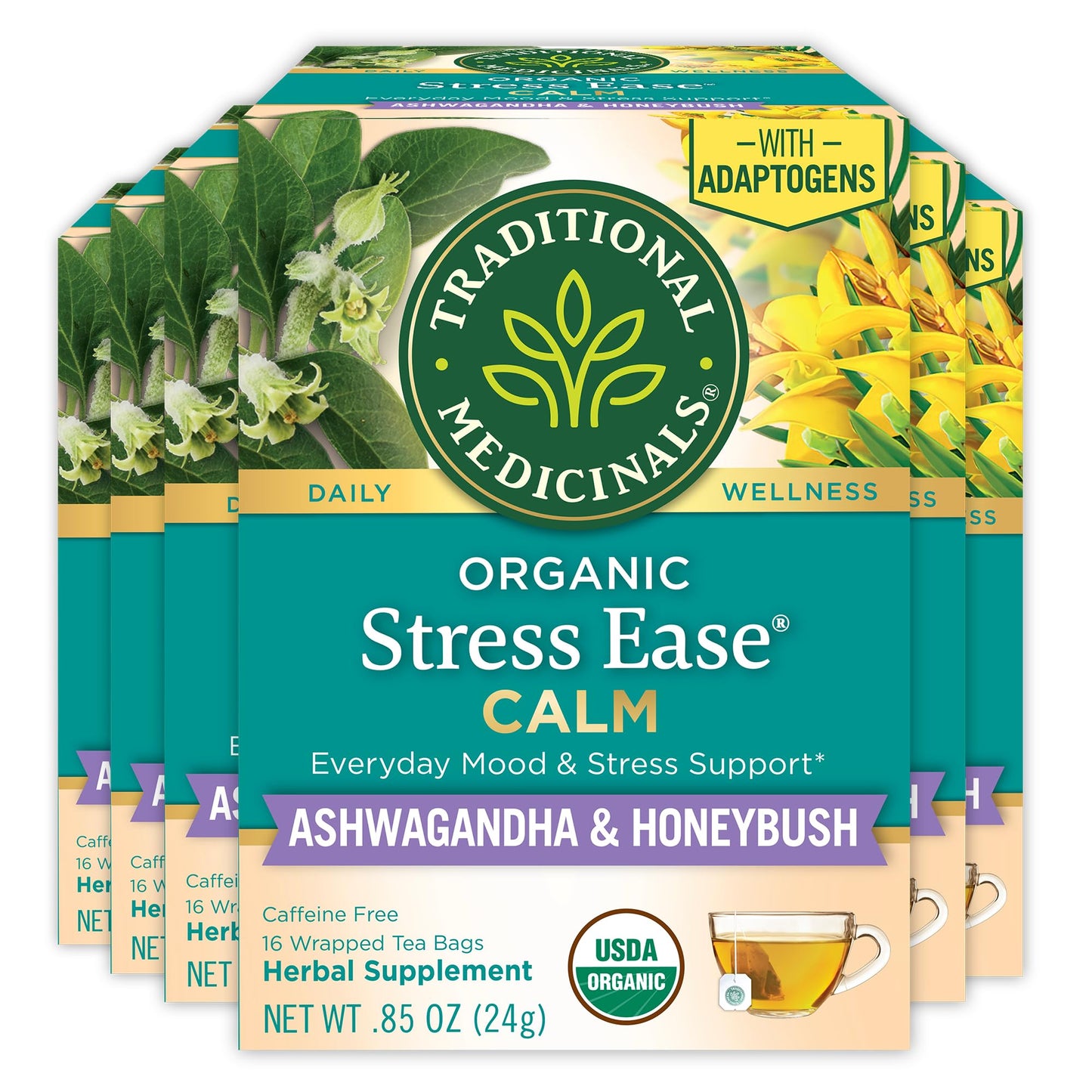 Traditional Medicinals Organic  Stress Ease Calm with Adaptogens  Ashwagandha & Honeybush - Promotes Relaxation - Kosher  Non-GMO  Caffeine-Free  Compostable - 96 Tea Bags (6 Packs of 16)