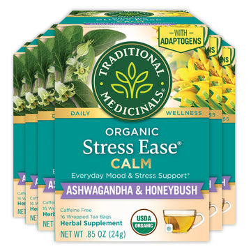 Traditional Medicinals Organic  Stress Ease Calm with Adaptogens  Ashwagandha & Honeybush - Promotes Relaxation - Kosher  Non-GMO  Caffeine-Free  Compostable - 96 Tea Bags (6 Packs of 16)