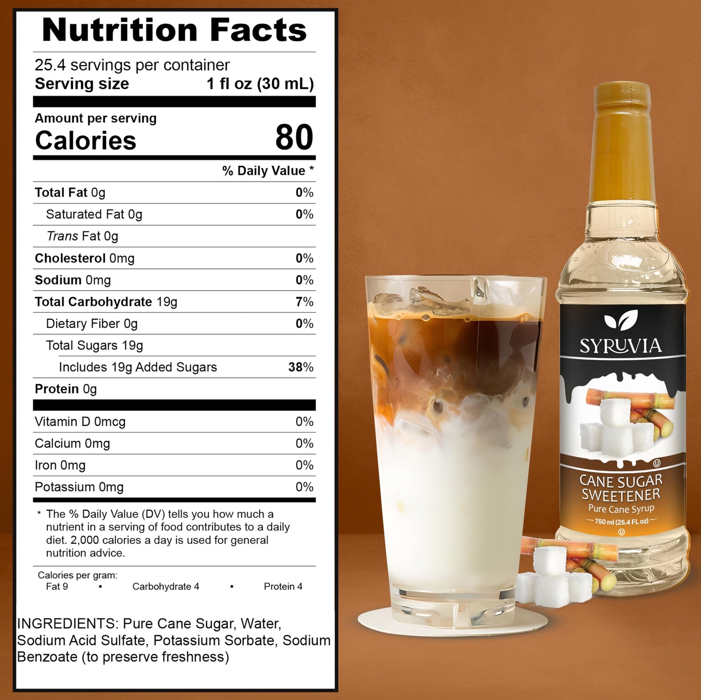 Syruvia Cane Sugar Sweetener Syrup - Cane Sugar Sweetener Coffee Syrup Flavor, 25.4 Fl Oz, Kosher, Gluten Free, Perfect For Coff