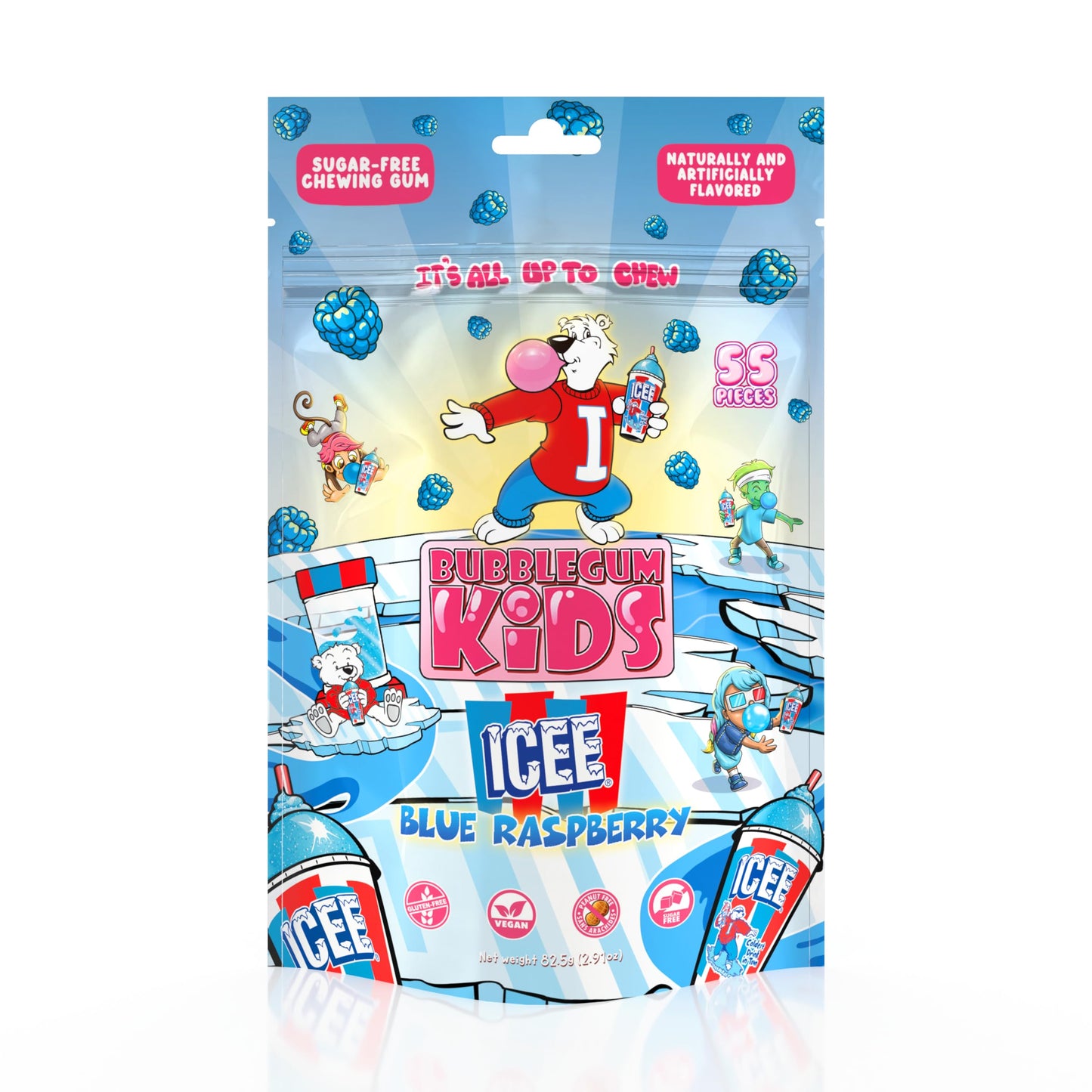 Bubblegum Kids ICEE Blue Raspberry Sugar Free Gum | Vegan, Low Calorie | 55 Count Pack | Blue