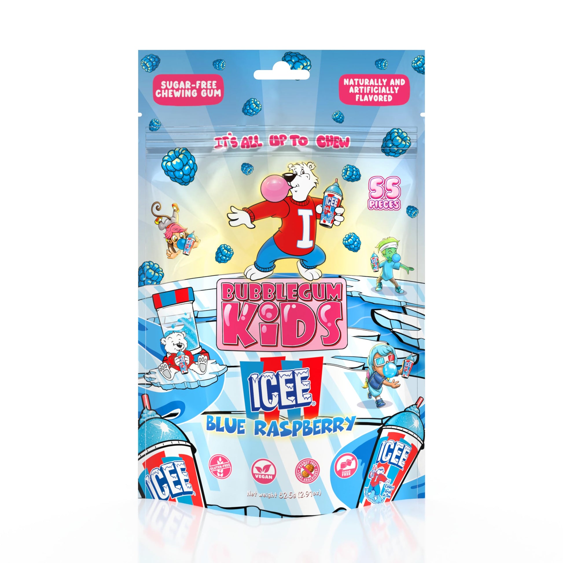 Bubblegum Kids ICEE Blue Raspberry Sugar Free Gum | Vegan, Low Calorie | 55 Count Pack | Blue