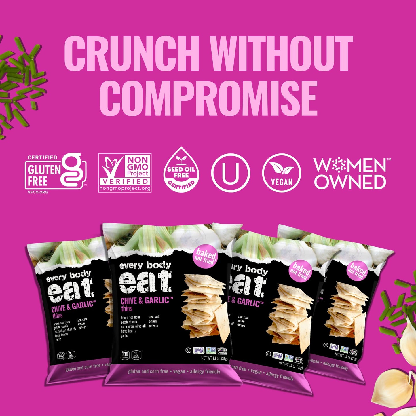 Every Body Eat Snack Thins, Chive & Garlic, Gluten & Dairy Free, Vegan, School Lunch Snacks, Single Serve (Pack Of 20)