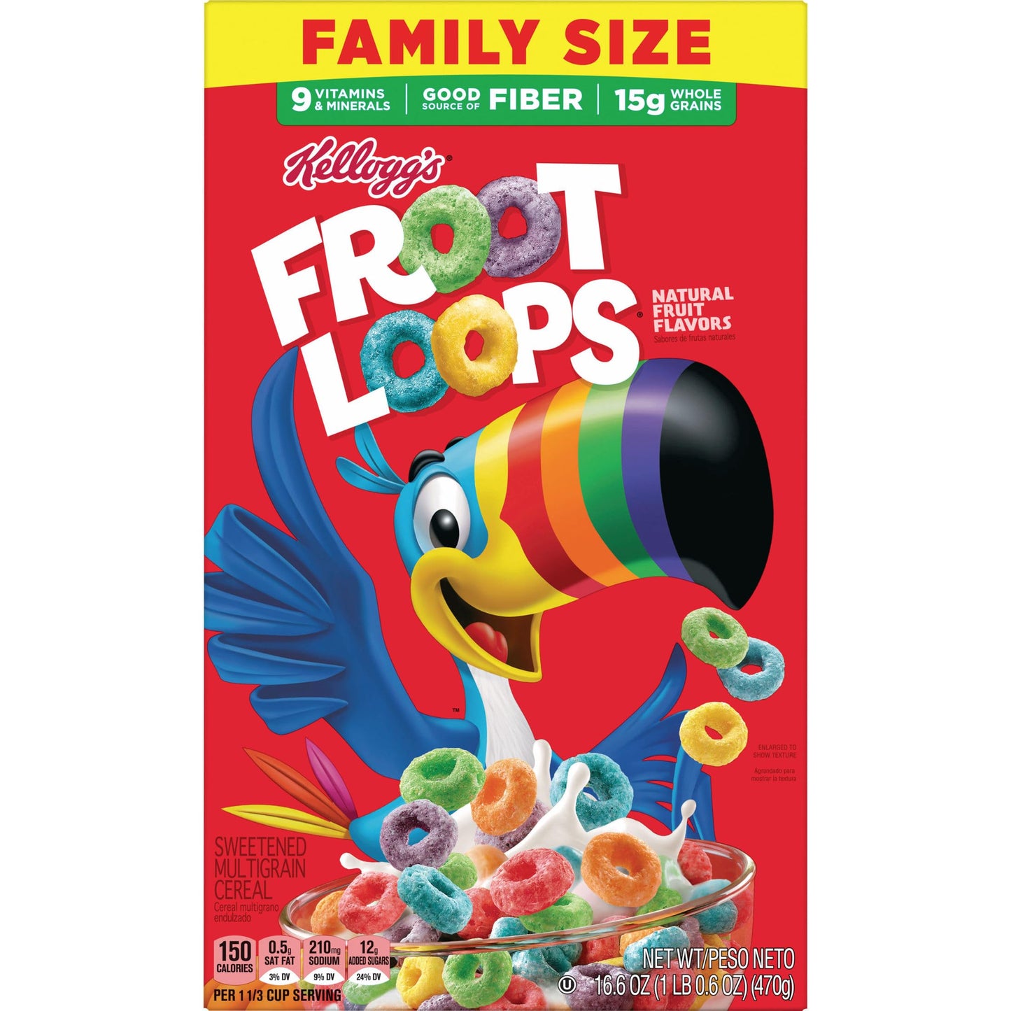Kelloggs Froot Loops Breakfast Cereal, Good Source of Fiber, 15g Whole Grain, Family Size, 16.6 oz