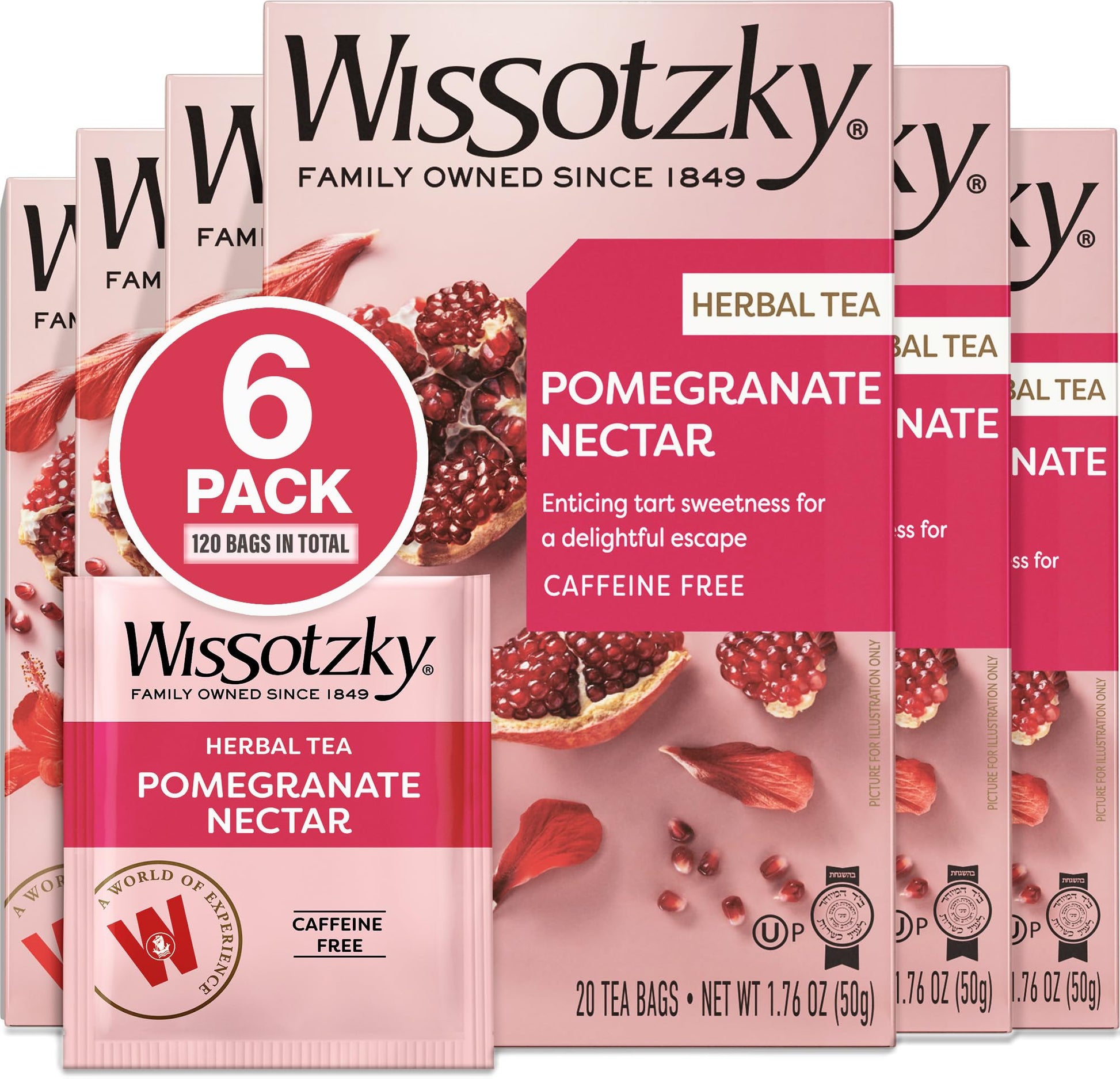 Wissotzky Herbal Tea Pomegranate - Caffeine Free, Antioxidant Rich, 6 Pack (120 Tea Bags)