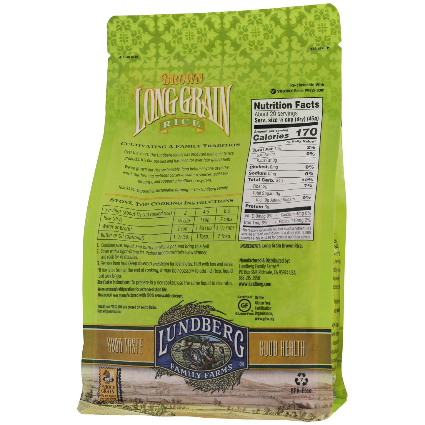 Lundberg Family Farms - Brown Long Grain Rice, Rich & Nutty, Firm Texture When Cooked, 100% Whole Grain, High In Fiber, Vitamins