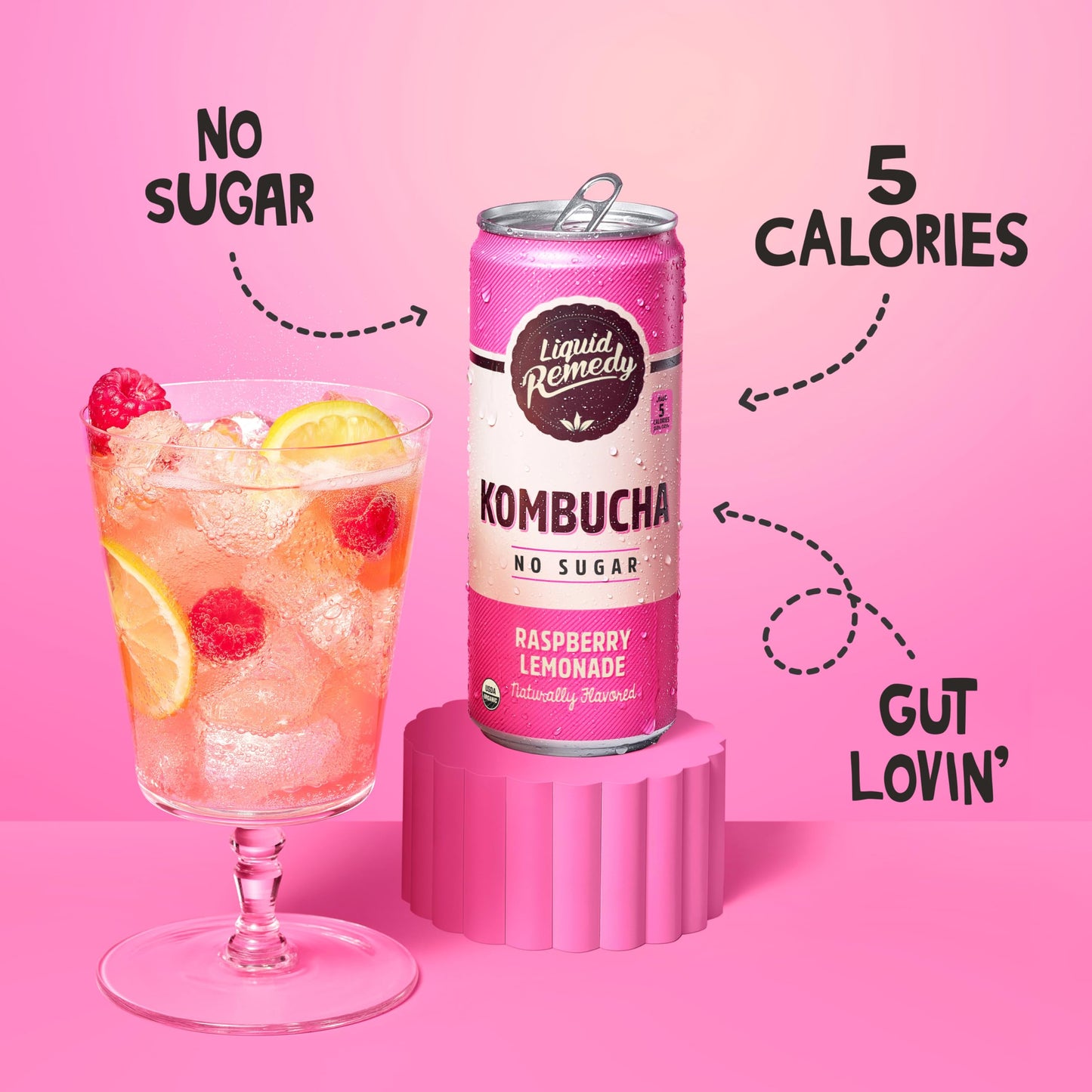 Liquid Remedy Kombucha Sugar Free Organic Drink, Low Calorie, Probiotic Like Tea For Gut Health - Raspberry Lemonade - 8.5 Fl Oz
