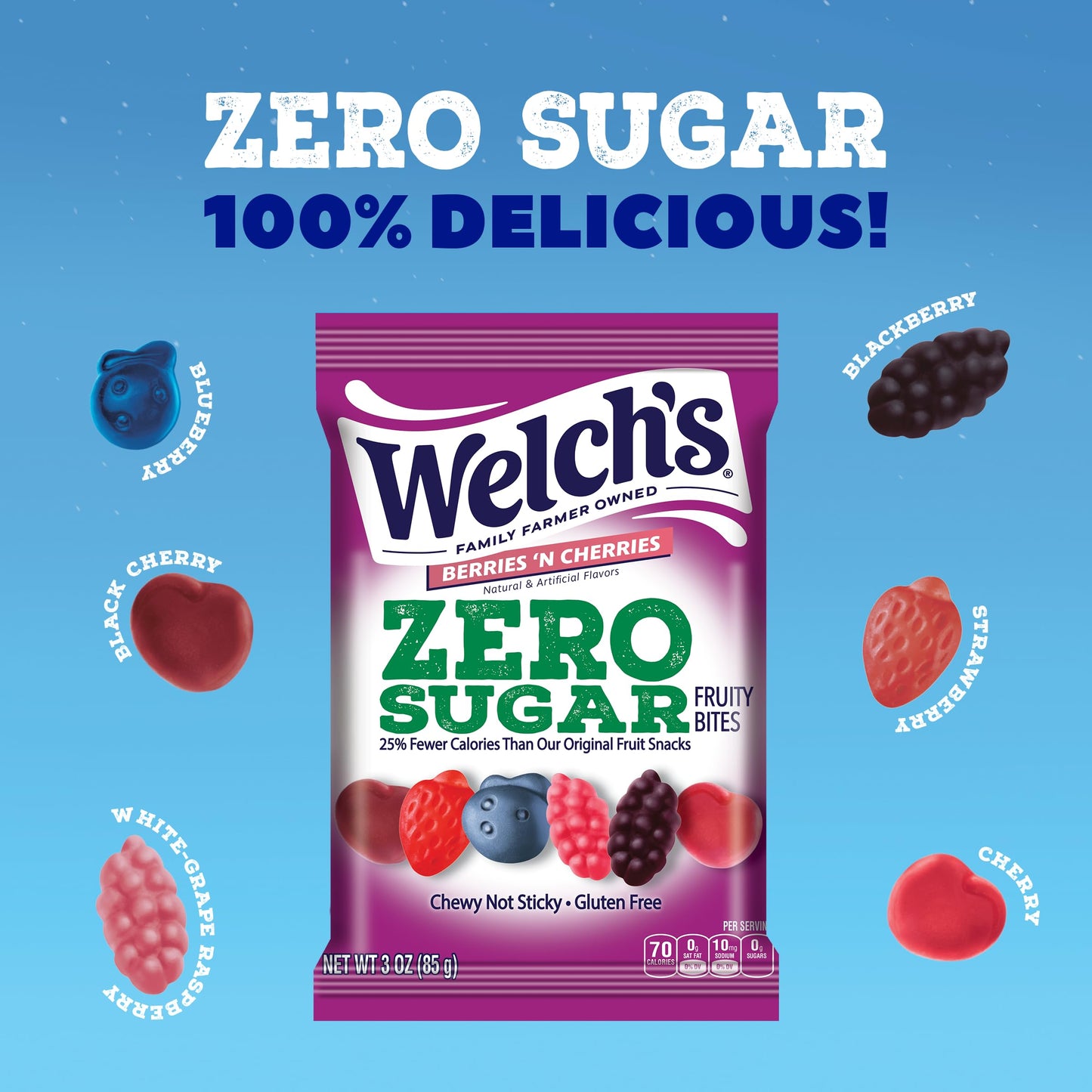 Welchs Zero Sugar Fruity Bites, Berries n Cherries Snack Box, Gluten Free & Sugar Free Snacks, 3oz Snack Packs (Pack of 6)