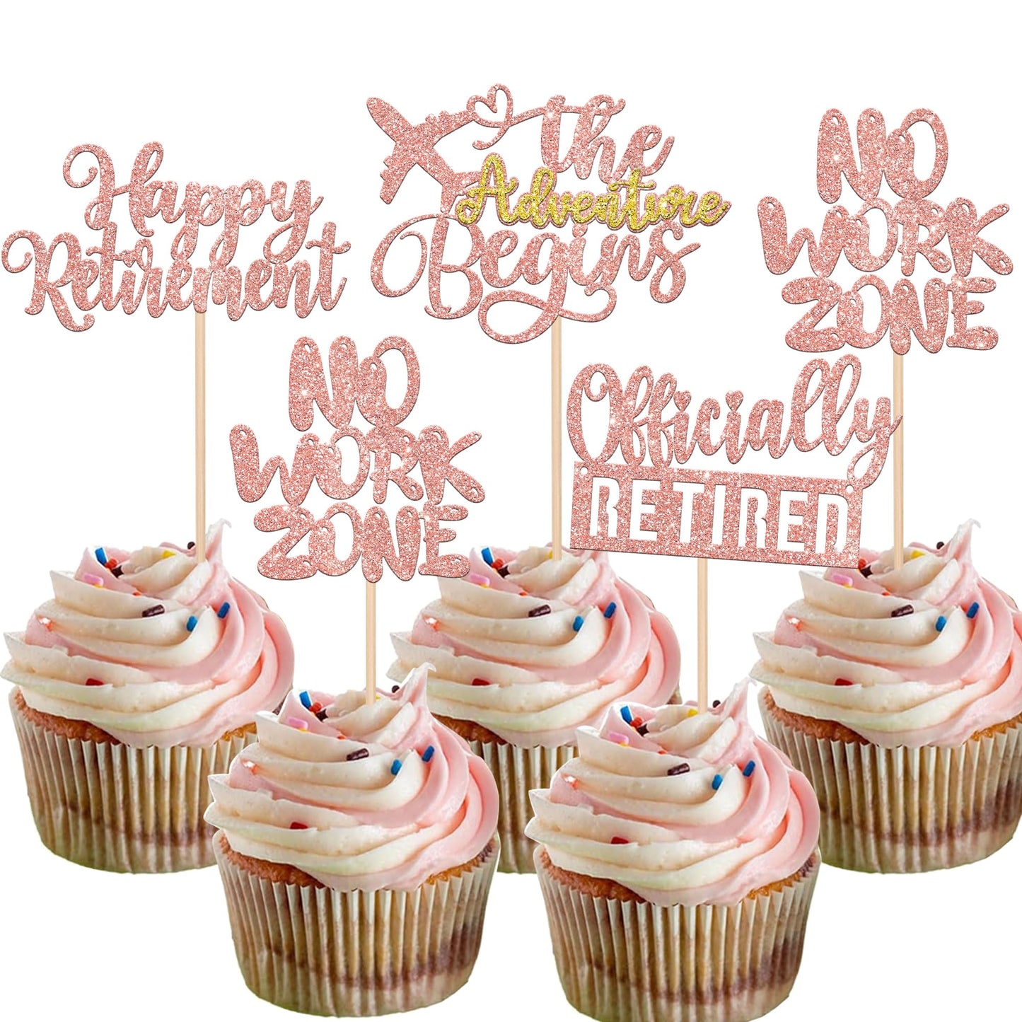 Rsstarxi Cupcake Toppers, Happy Retirement, Rose Gold, Glitter, 24 Pack, No Work Zone, Cake Decorations