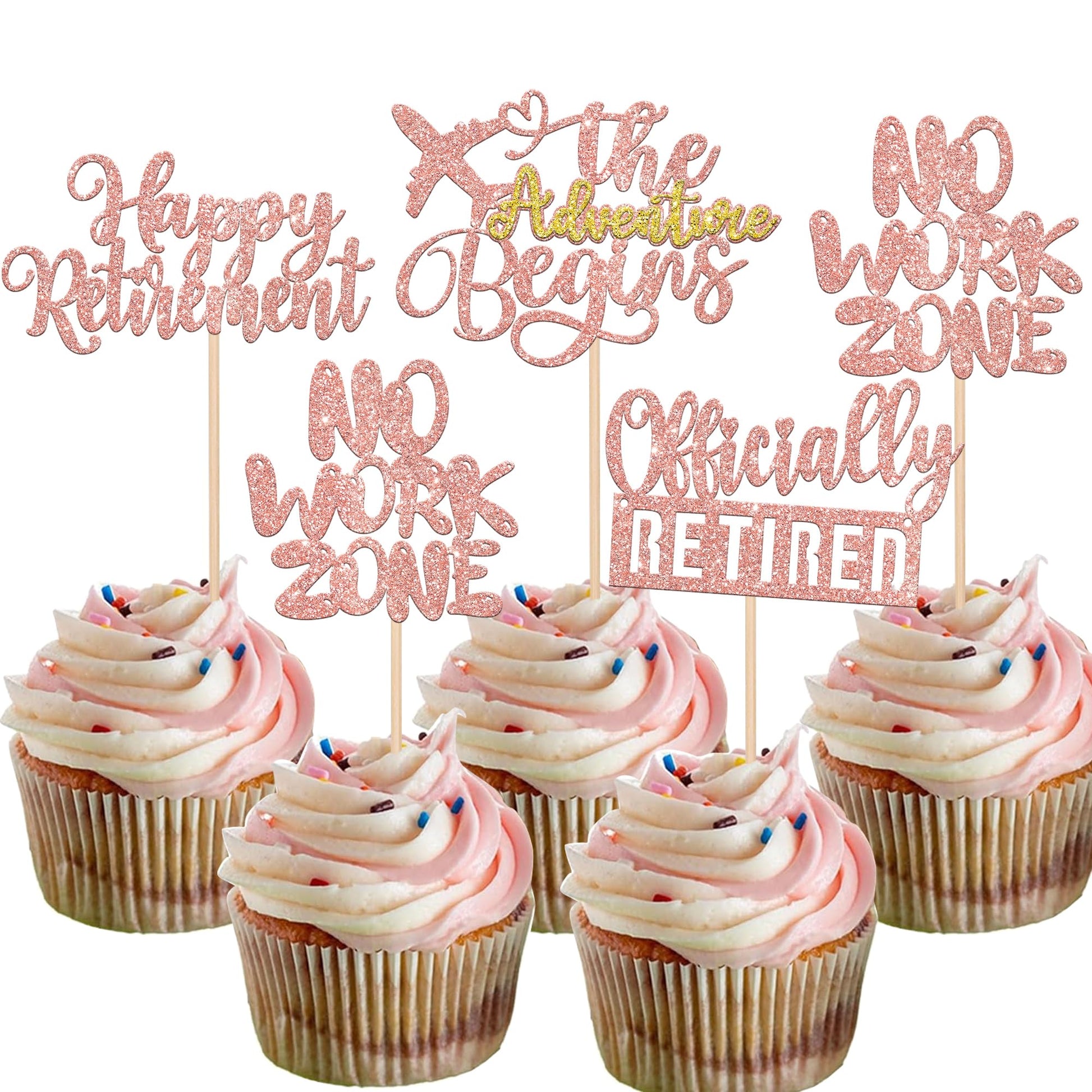 Rsstarxi Cupcake Toppers, Happy Retirement, Rose Gold, Glitter, 24 Pack, No Work Zone, Cake Decorations