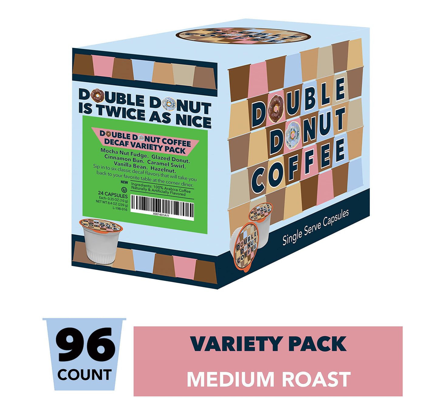 Double Donut Coffee Decaf Flavored Coffee Single Serve Cups For Keurig K Cup Brewer Variety Pack Sampler (96 Count)