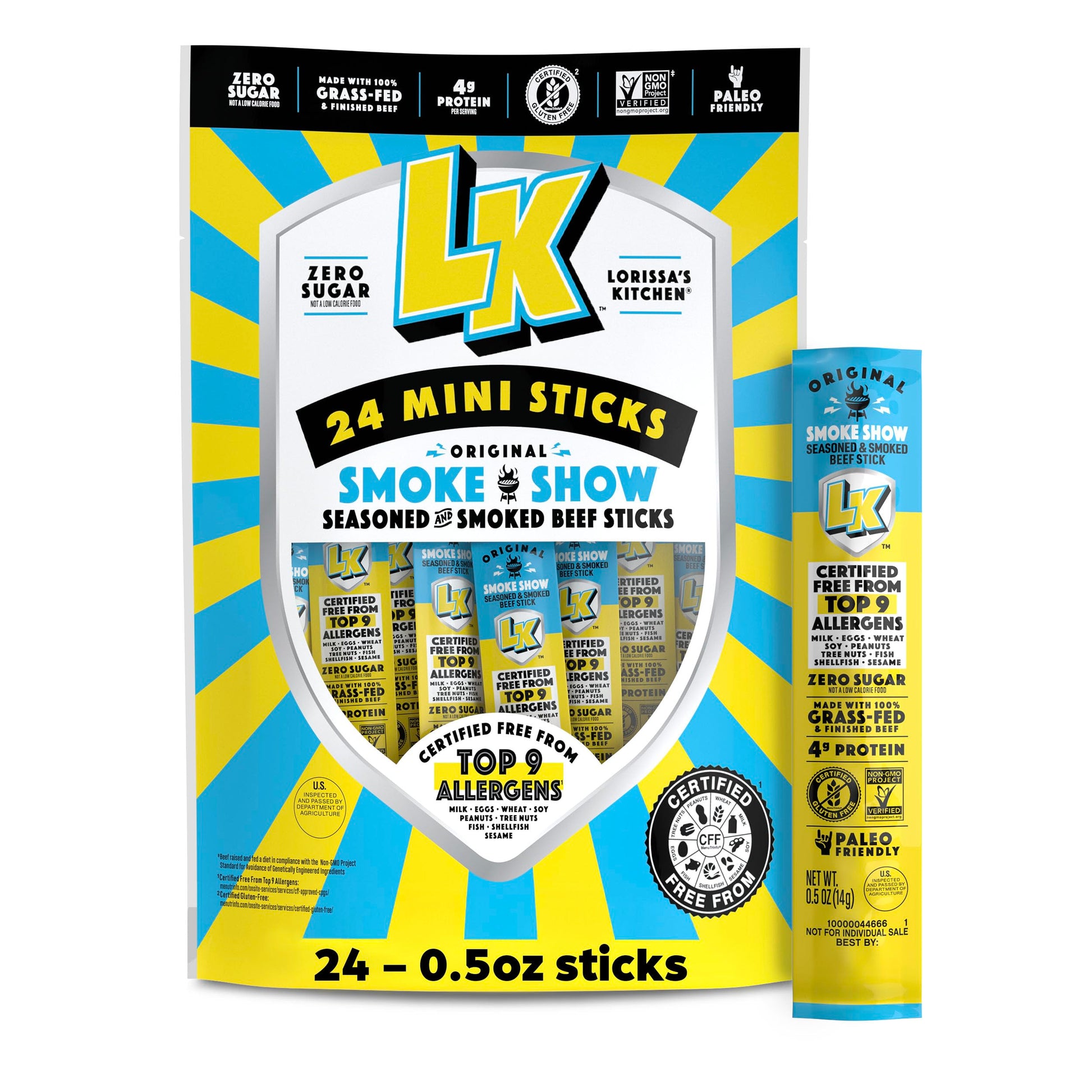 Lorissas Kitchen Beef Jerky Mini Sticks  enhanced Grass Fed & Finished  Original Smoke Show Flavor - 4g Protein  Stocking Stuffers  Free from Top 9 Allergens  Non-GMO  Gluten-Free  0.5 Oz (24 Count)