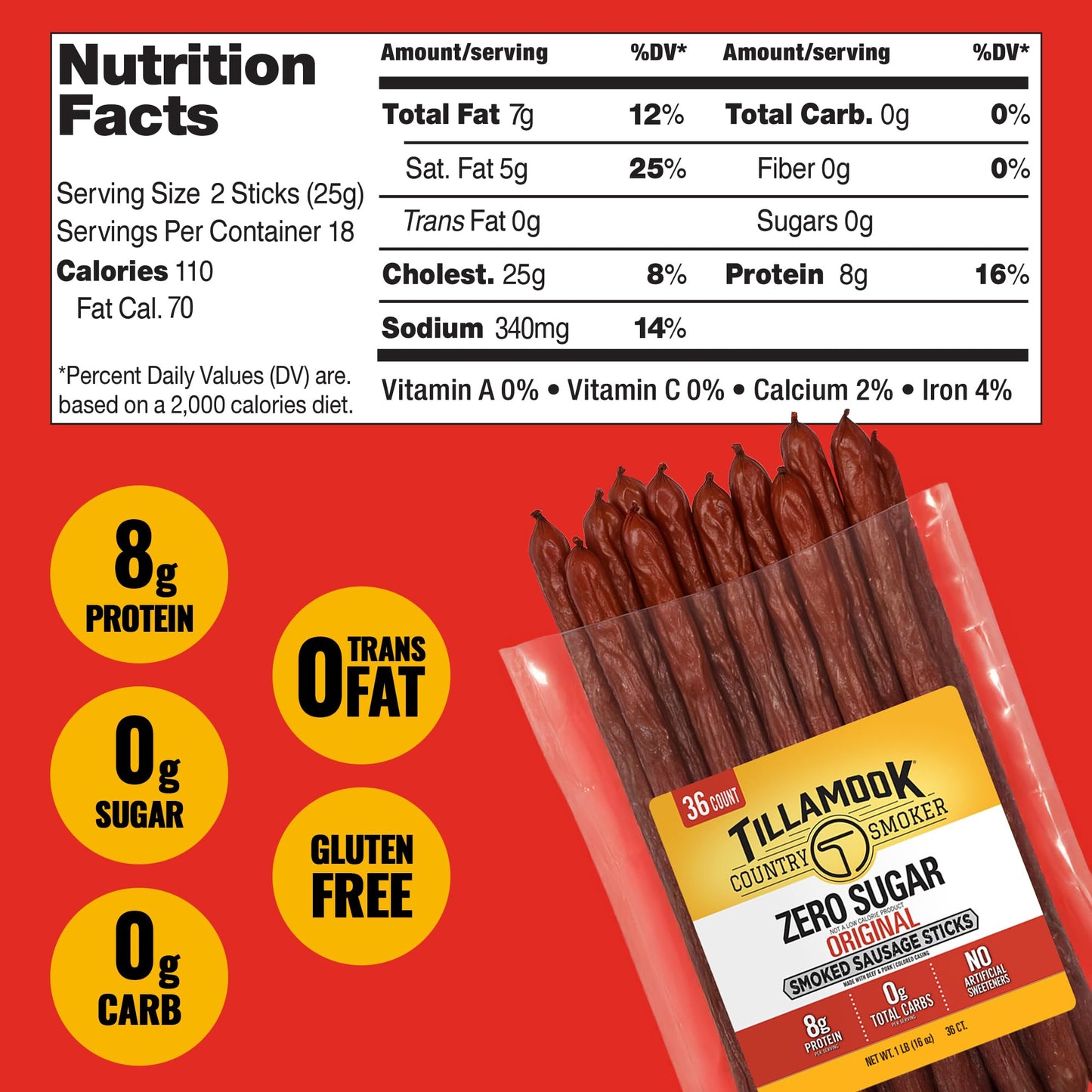 TILLAMOOK COUNTRY SMOKER Smoked Sausage Meat Sticks, Zero Sugar, Low Carb, High Protein, 16 Ounce (36 Count Bulk Pack)