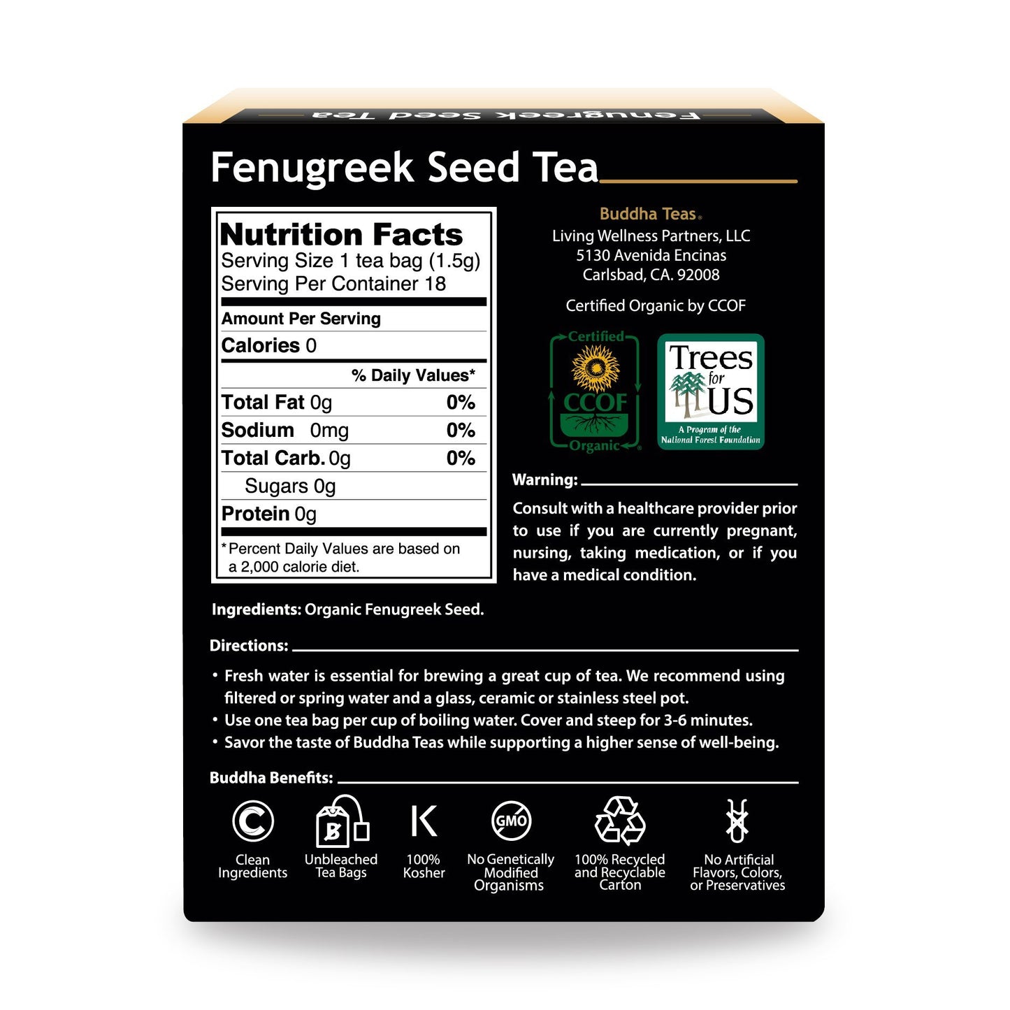 Buddha Teas Organic Fenugreek Seed Tea - Ou Kosher, Usda Organic, Ccof Organic, 18 Bleach-Free Tea Bags