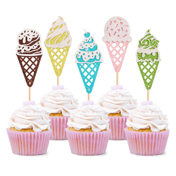 Ercadio 25 Pack Ice Cream Cupcake Toppers Glitter Cupcake Picks for Baby Shower Birthday Summer Hawaii Theme Party Cake Decorati
