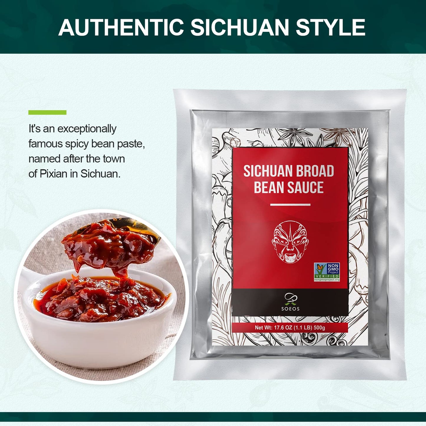Soeos Sichuan Broad Bean Sauce, 17.6 Ounce (1.1 Lb) 500G, Pixian Doubanjiang Chili Paste, Hong You Dou Ban With Red Chili Oil, S