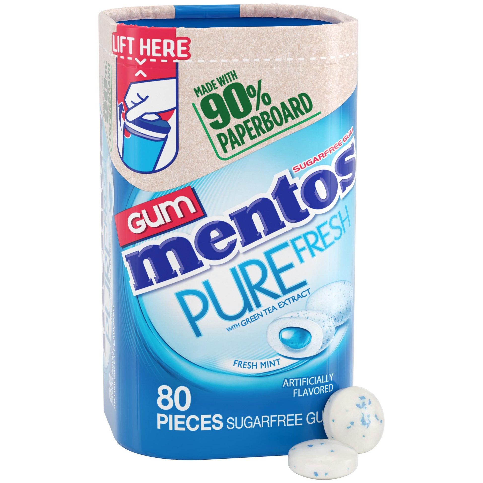 Mentos Pure Fresh Sugar-Free Chewing Gum with Xylitol, Fresh Mint, 80 Pieces, Recyclable Paperboard Bottle, 1 Count