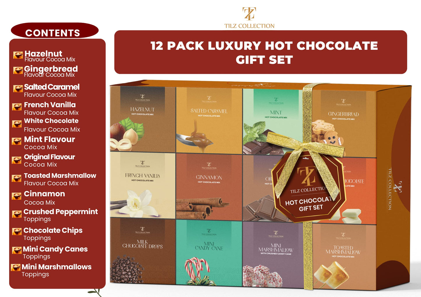 TILZ COLLECTION Hot Chocolate Gift Set - 12 Days of Gourmet Hot Chocolate - Perfect for Women, Kids, and Men - White