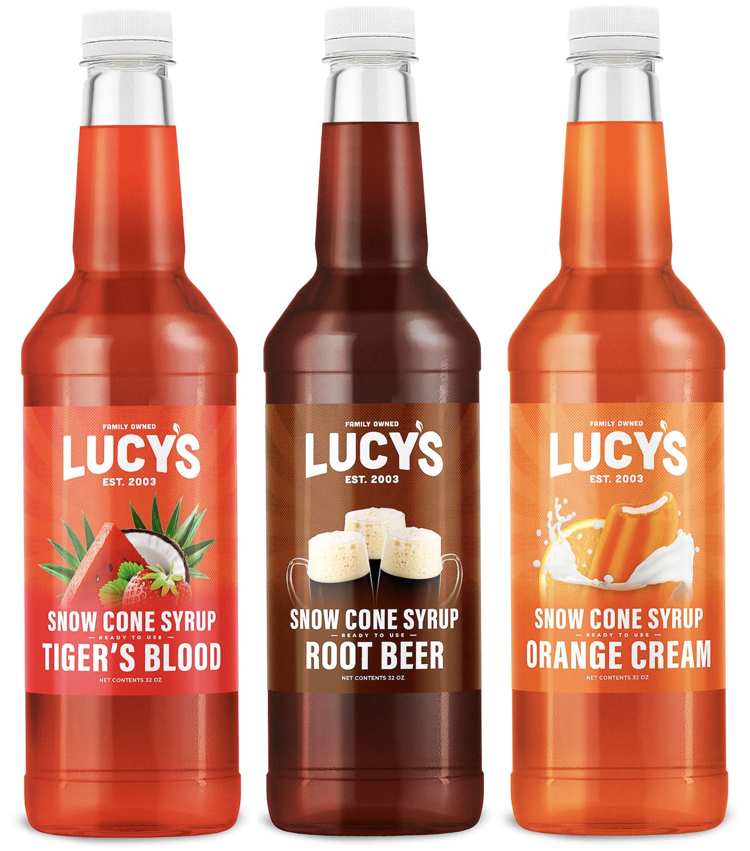 Lucys Shaved Ice Snow Cone Syrups - Tigers Blood, Root Beer, Orange Cream - 32oz Bottles (Pack of 3)
