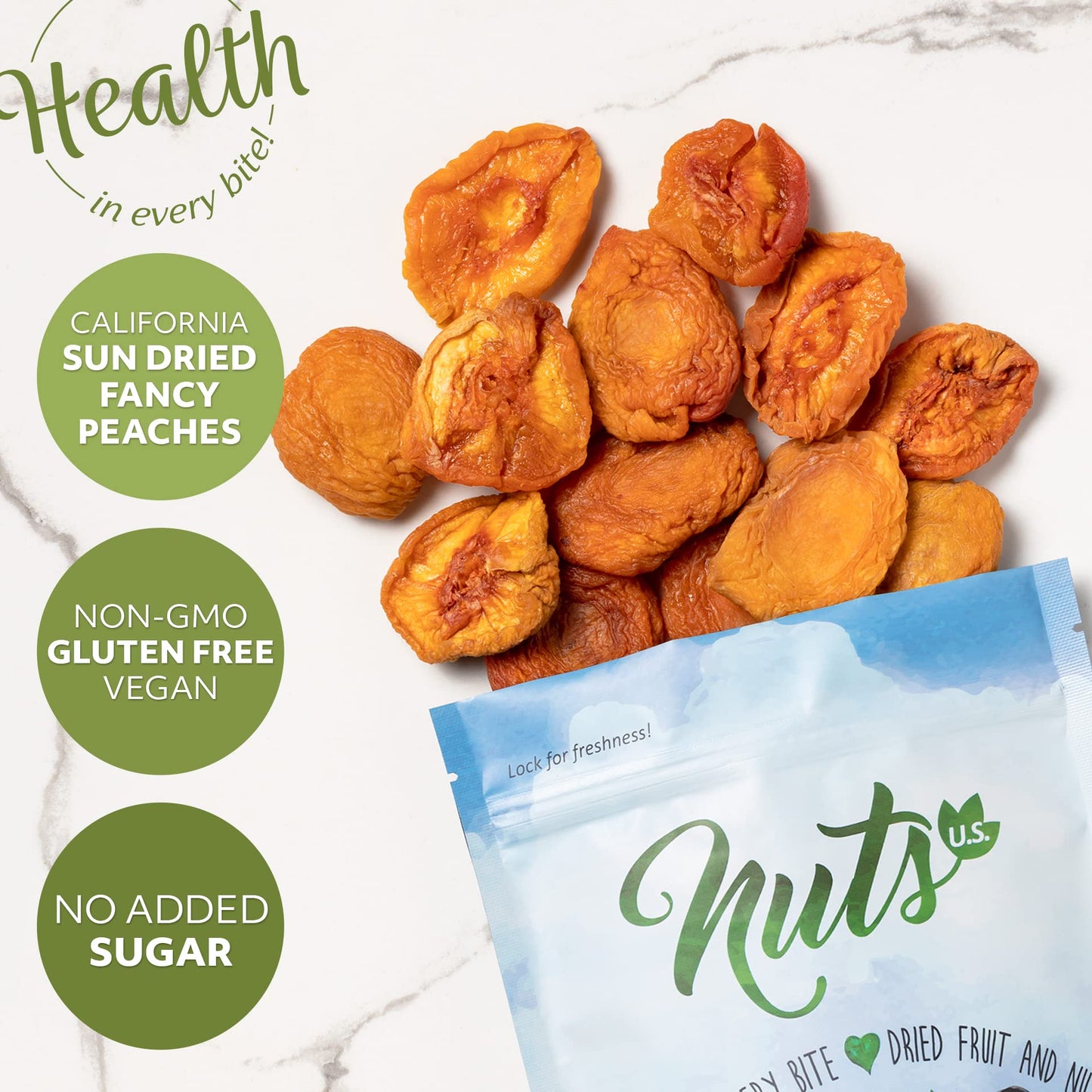 NUTS - U.S. Dried Fancy Peaches | Natural Snack | Vegan, Gluten Free | 1 LB Resealable Bag