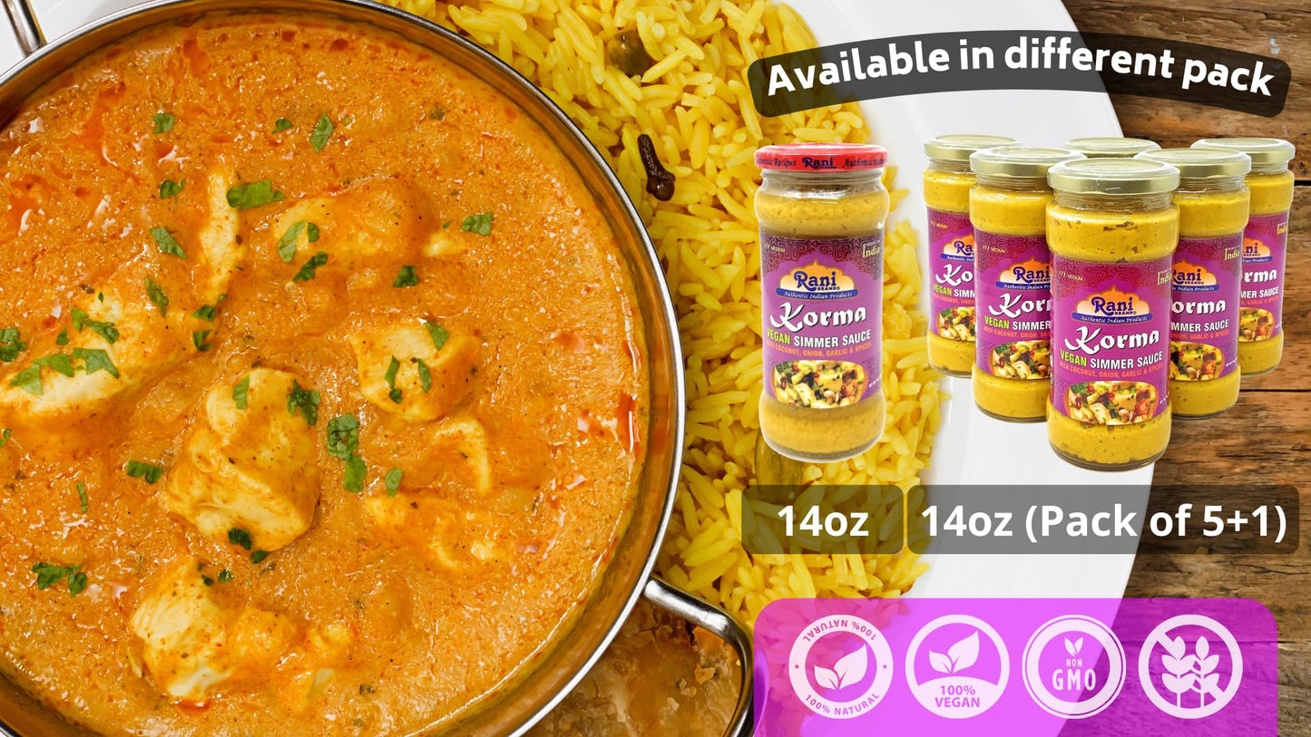 Rani Korma Curry Vegan Simmer Sauce (Rich Coconut, Onion, Garlic & Spices) 14Oz (400G) Glass Jar, Pack Of 5 +1 Free ~ Easy To Us