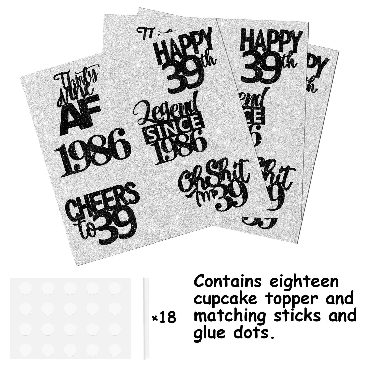 18Pcs Black Glitter Happy 39Th Dessert Cupcake Topper Pick For Funny Legend Since 1986 Theme Decor Supplies Men Women Happy 39 B