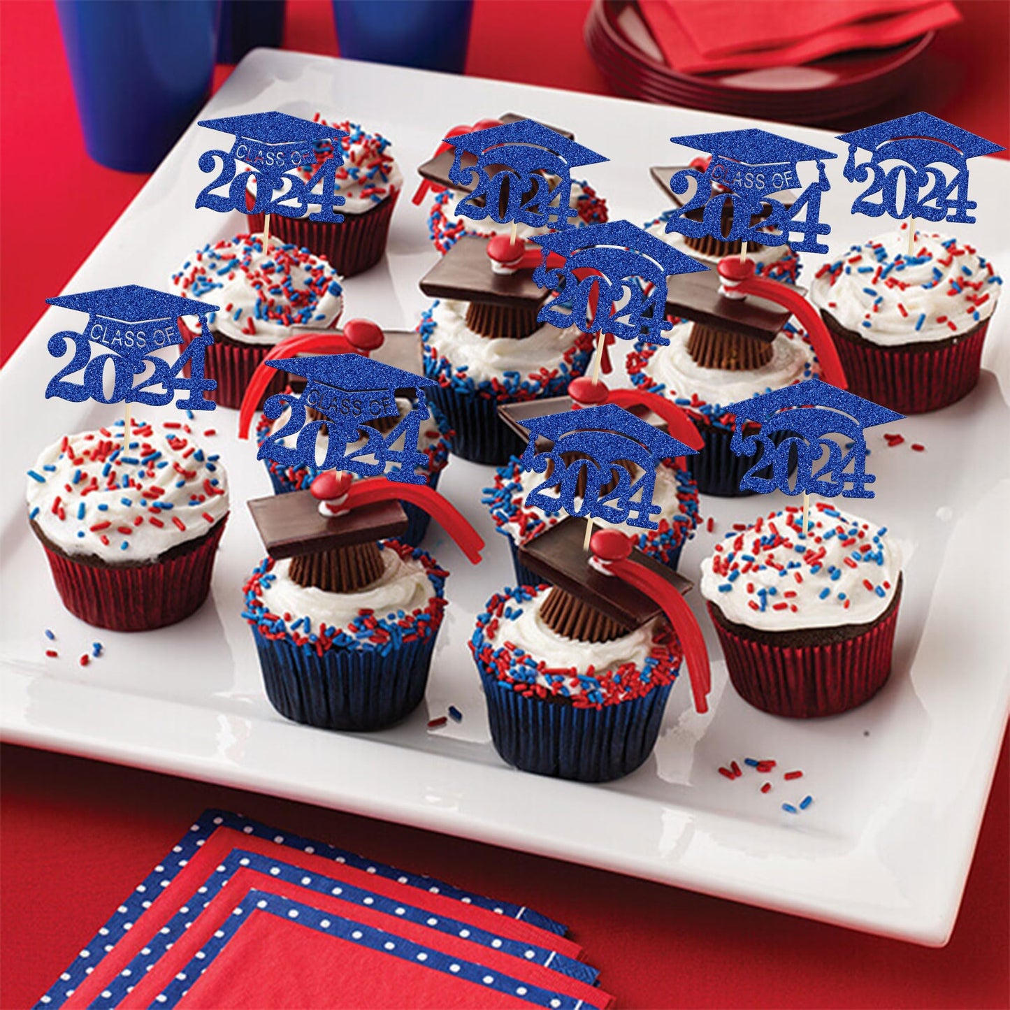 Gyufise 24Pcs 2024 Graduation Cap Cupcake Toppers 2024 Glitter Class Of 2024 Grad Cap Cupake Picks For 2024 Graduation Theme Par