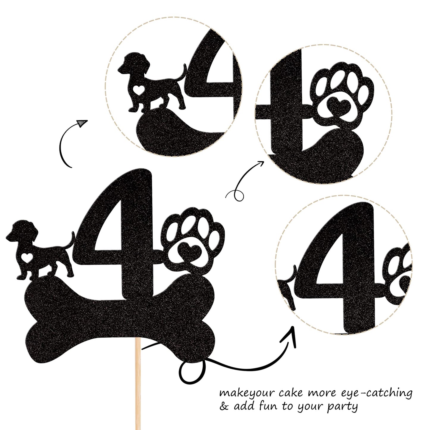1 Pcs 4Th Birthday Cake Topper Black Glitter Dog Paw Four Years Old Birthday Puppy Dog Bone Cake Pick For Let'S Pawty Baby Showe