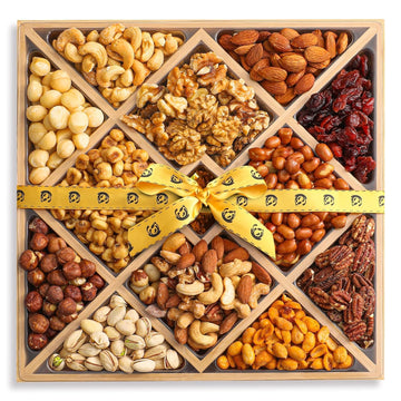 Gourmet Mixed Nuts Christmas Gift Basket in Sleek Bamboo Wood Reusable Platter | XL 2.5 lb Platter Includes 12 Assortments of Pr