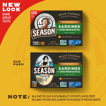 Season Brisling Sardines In Extra Virgin Olive Oil - Wild Caught, 14G Of Protein, Keto Snacks, More Omega 3S Than Tuna, Kosher, High In Calcium, Canned Sardines, Two Layers - 3.37 Oz Tins, 6-Pack