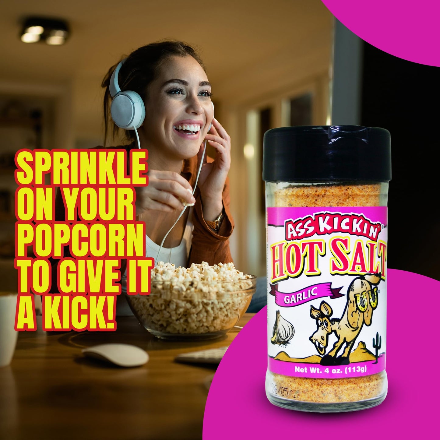 ASS KICKIN Hot & Spicy Garlic Salt - 4oz Shaker Jar - Gourmet Seasoning for Popcorn, Fries, and More