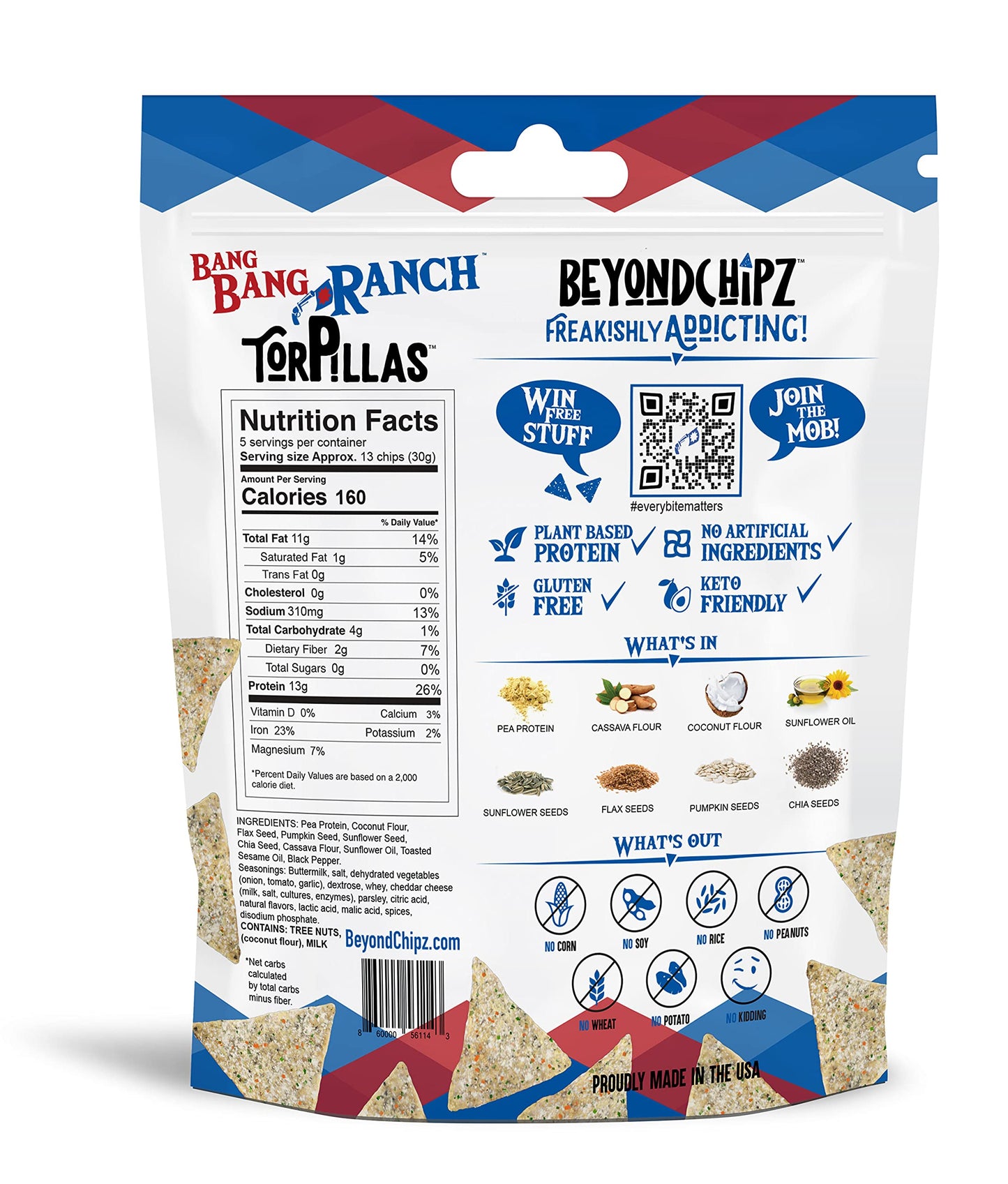 BeyondChipz Keto Tortilla Chips, Low Carb Protein, 2g Net Carbs, 13g Pea Protein, 5.3oz Bag, Bang Bang Ranch Flavor, Pack of