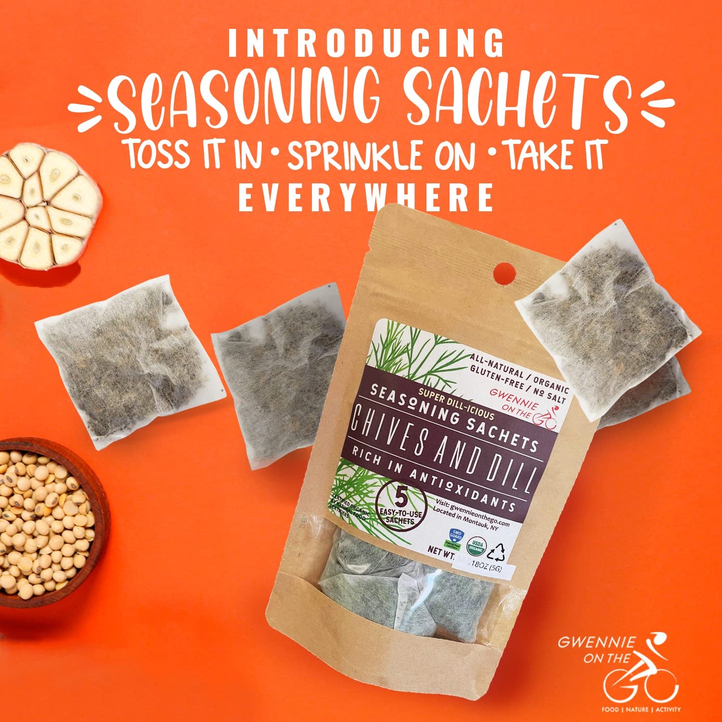 GWENNIE ON THE GO Seasoning Sachets, Chives and Dill, Certified Organic, Gluten-Free, 10 Count (Pack of 2), 2oz Resealable Pouch