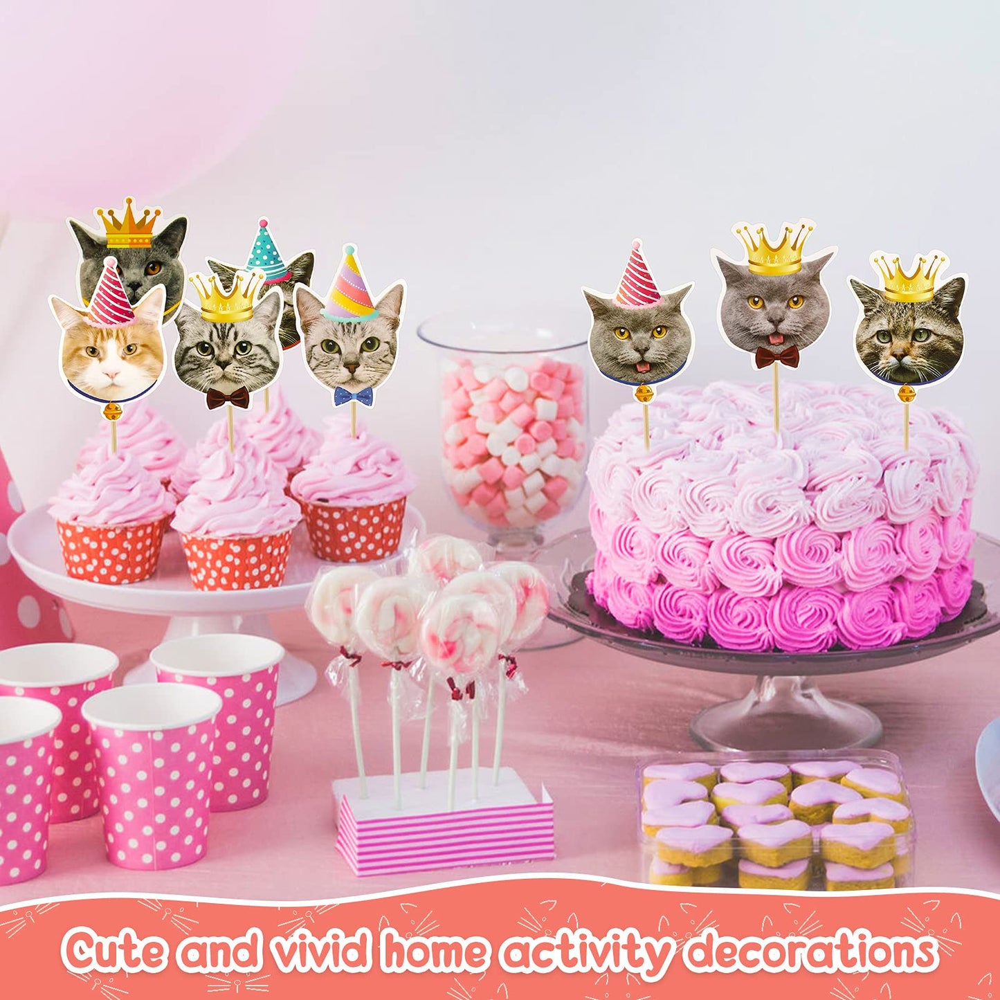 Outus Cat Face Cupcake Toppers - 48 Pieces, Paper, Gray Pink White Black, Cute Cat Head Toothpicks for Birthday Party Supplies
