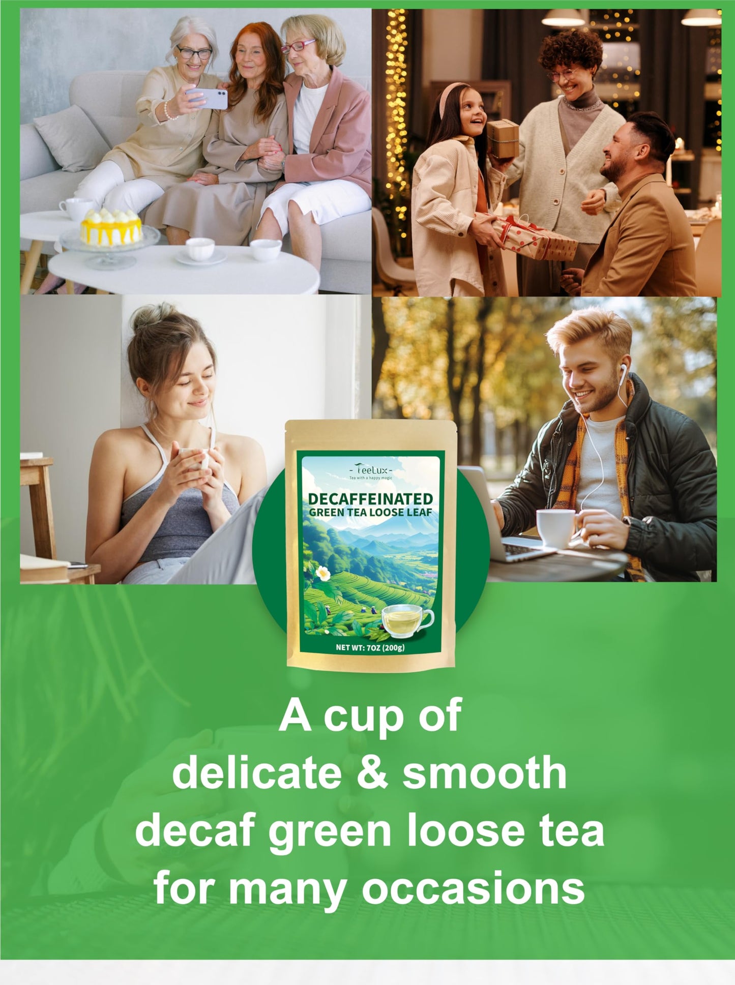 TeeLux Decaf Green Tea  CO2 Decaffeinated Green Tea Loose leaf  Delicate & Smooth Flavor  7oz