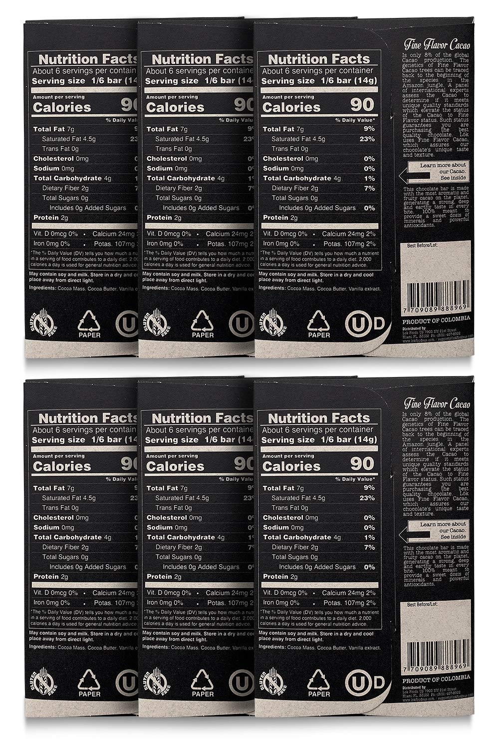 LöK Dark Chocolate Bar 100% Cacao, Vegan, Sugar-Free, Gluten-Free, 6 Count
