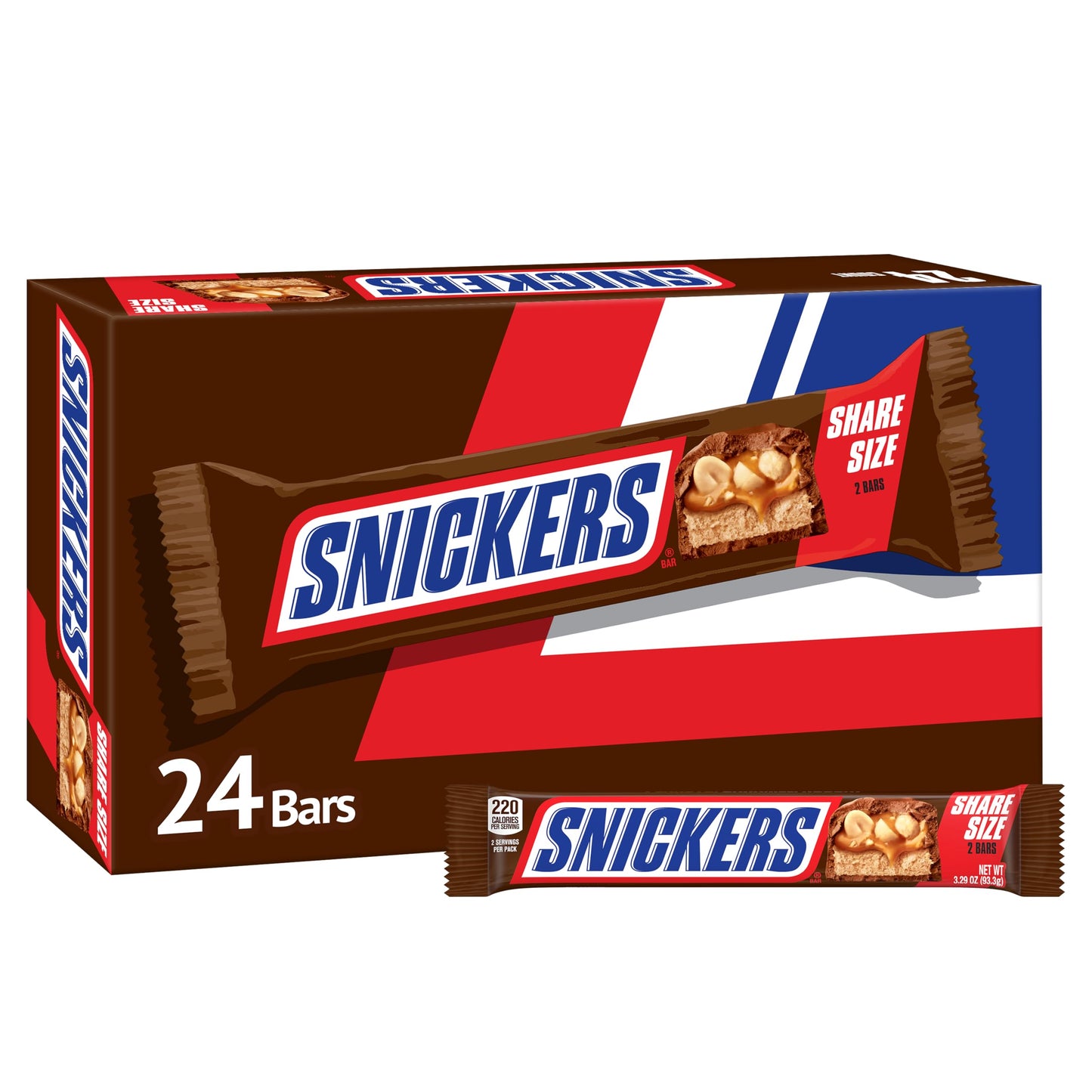 Snickers Milk Chocolate Candy Bars - Individually Wrapped Share Size Milk Chocolate Bars, 3.29 Oz, Pack Of 24 Bulk Box
