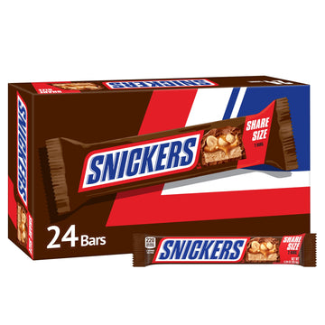 Snickers Milk Chocolate Candy Bars - Individually Wrapped Share Size Milk Chocolate Bars, 3.29 Oz, Pack Of 24 Bulk Box