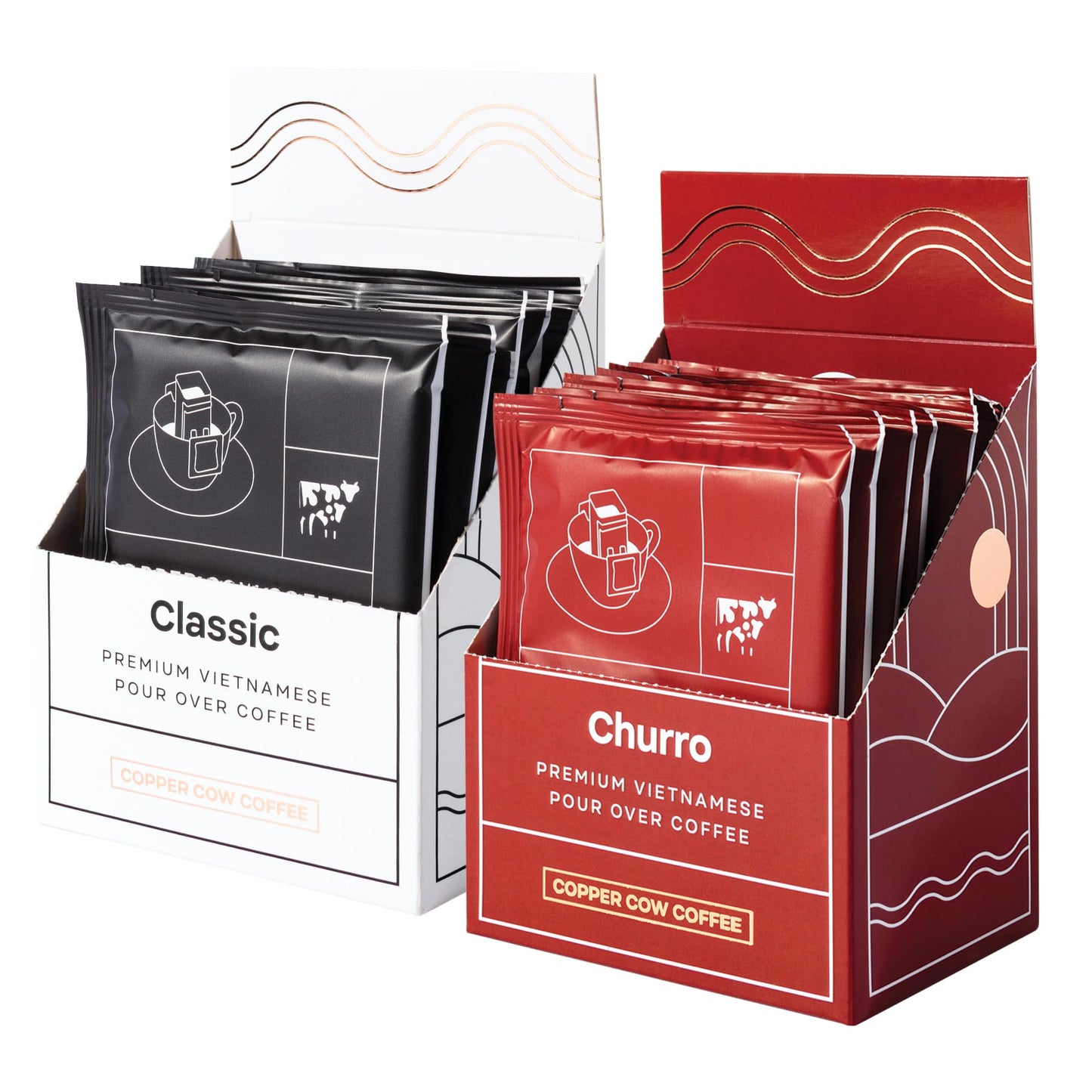 Copper Cow Coffee Vietnamese Pour Over Coffee - Single-Serve And All-Natural Pre-Filled Coffee Filters - Classic, Churro Flavors