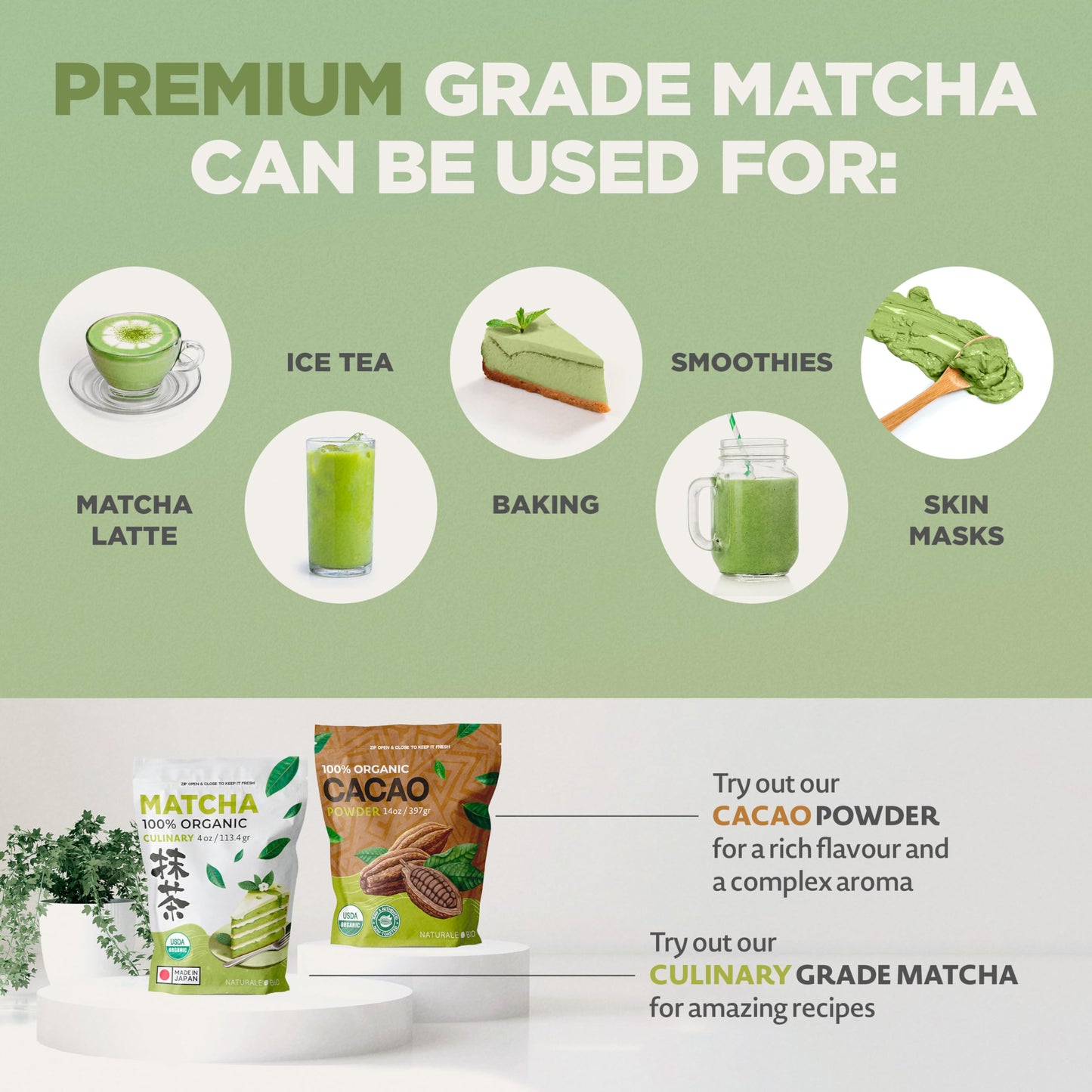 Naturalebio Enhanced Matcha Powder, 8Oz - Harvested In Japan - Usda Organic Matcha Green Tea Powder - Vegan & Vegetarian Friendly