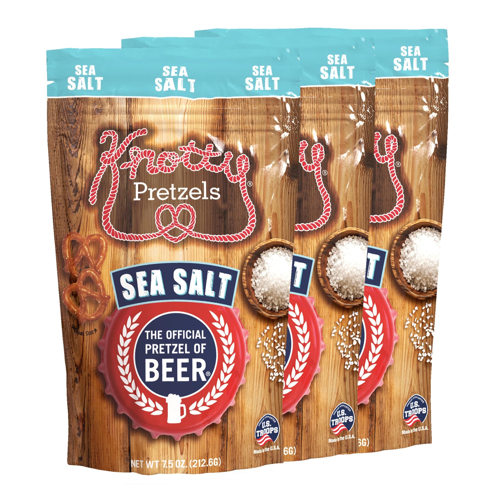 Knotty Pretzels The Official Pretzel Of Malt Drink  7.5 Oz Individual Seasoned Pretzels In Resealable Pretzel Snack Bags  The Perfect Pairing For Malt Drink  Sea Salt Flavor (3-Pack)