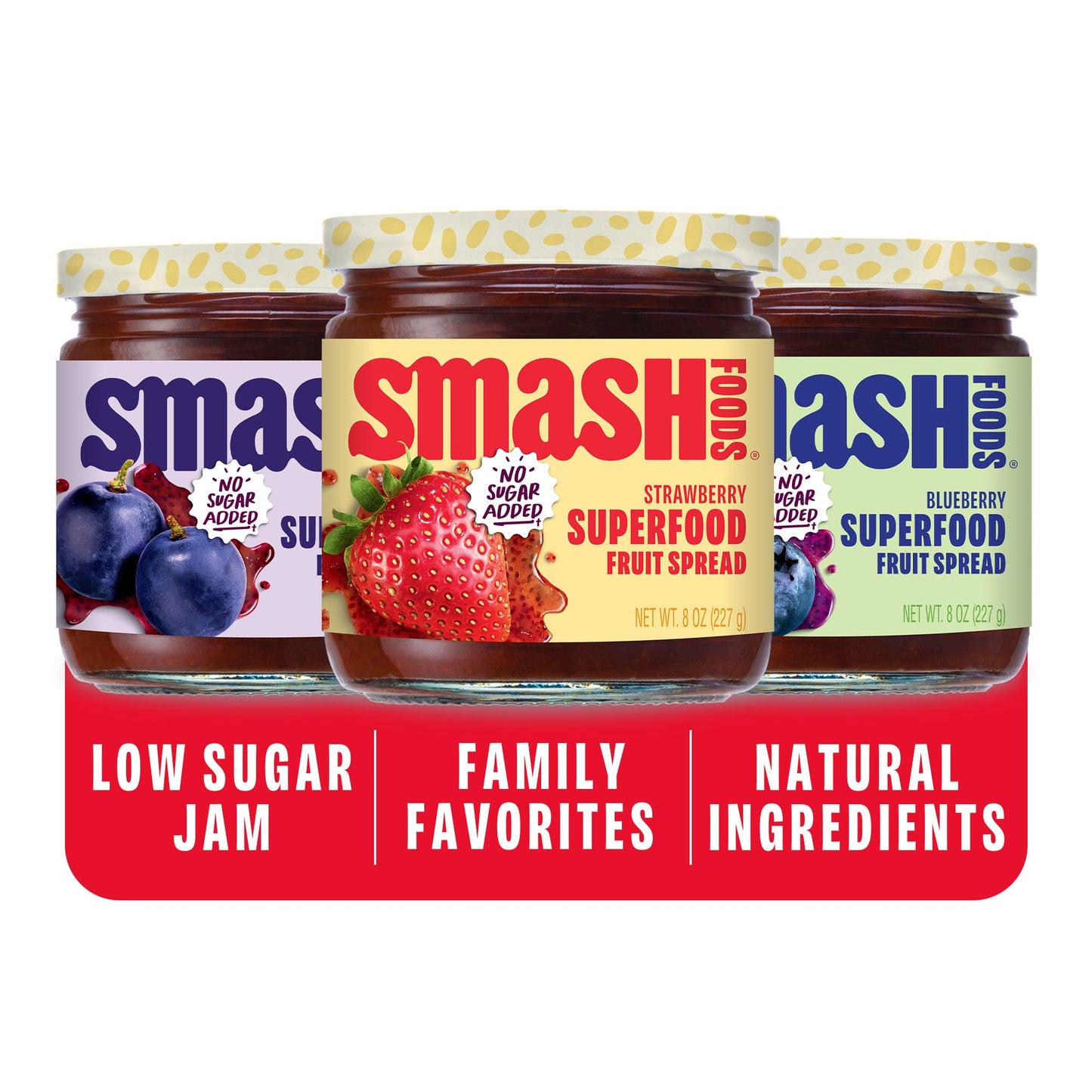 Smash Foods Jam, Variety 3-Pack Family Favorites | No Sugar Added, Naturally Sweet Jelly | Keto Friendly, Low Calorie, Low Carb