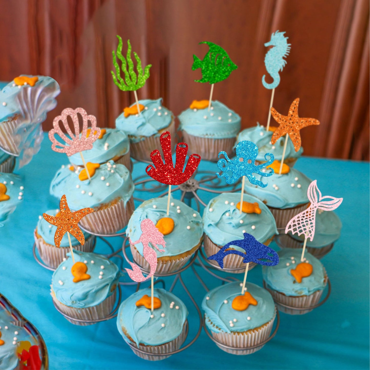 Gyufise 30Pcs Mermaid Cupcake Toppers Glitter Starfish Coral Mermaid Tail Cupcake Picks Octopus Seahorse Jellyfish Cake Decorati