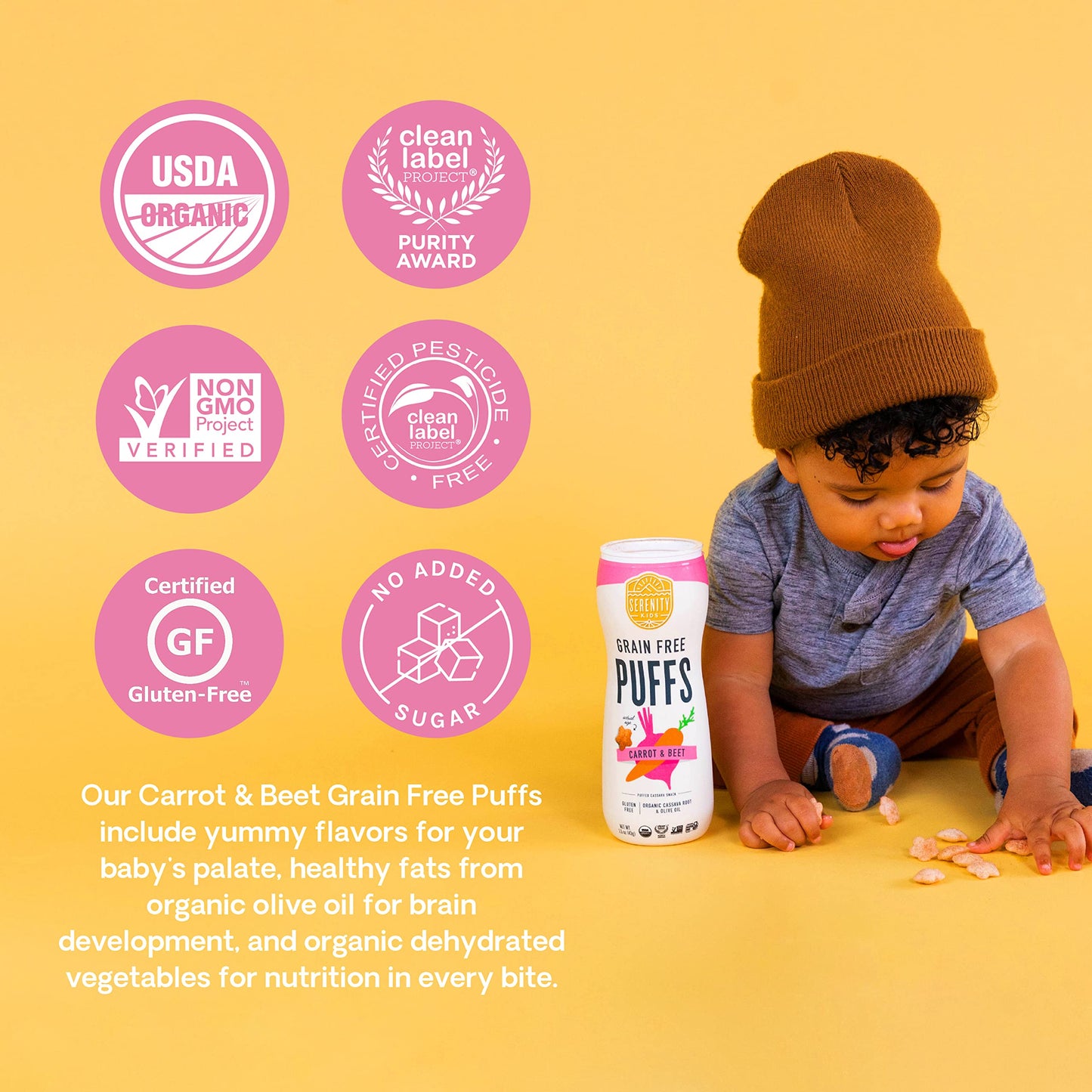 Serenity Kids 6+ Months Grain-Free Allergen-Safe Puffs For Toddlers & Babies - No Grains, Gluten, Nuts, Rice - Organic Veggies, Legumes, Olive Oil (1.5 Ounce (1 Count), Carrot & Beet)